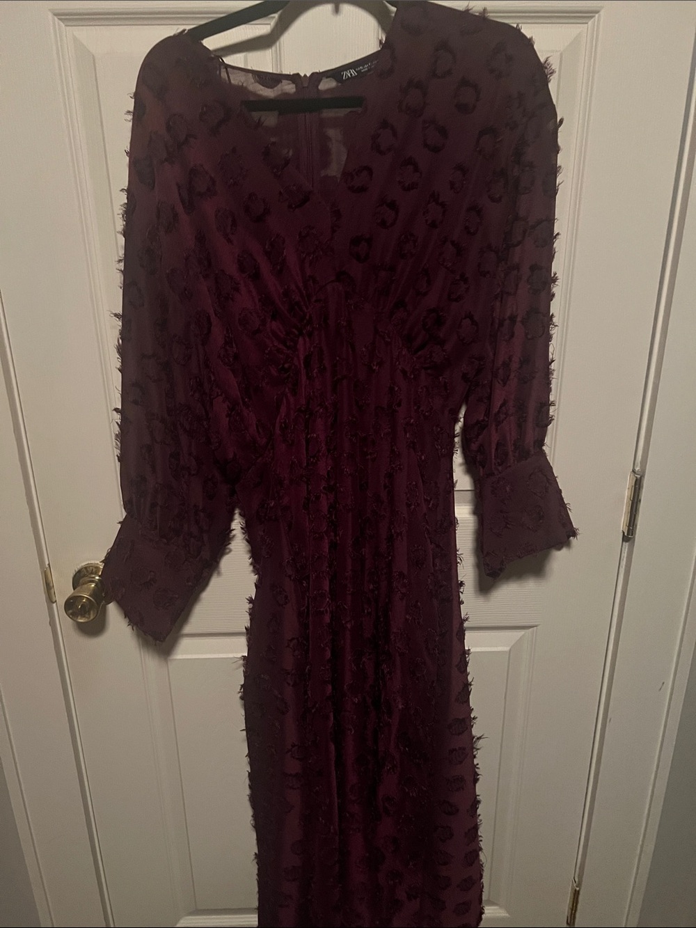 Zara Deep Burgundy Textured V-Neck Long Sleeve Dress